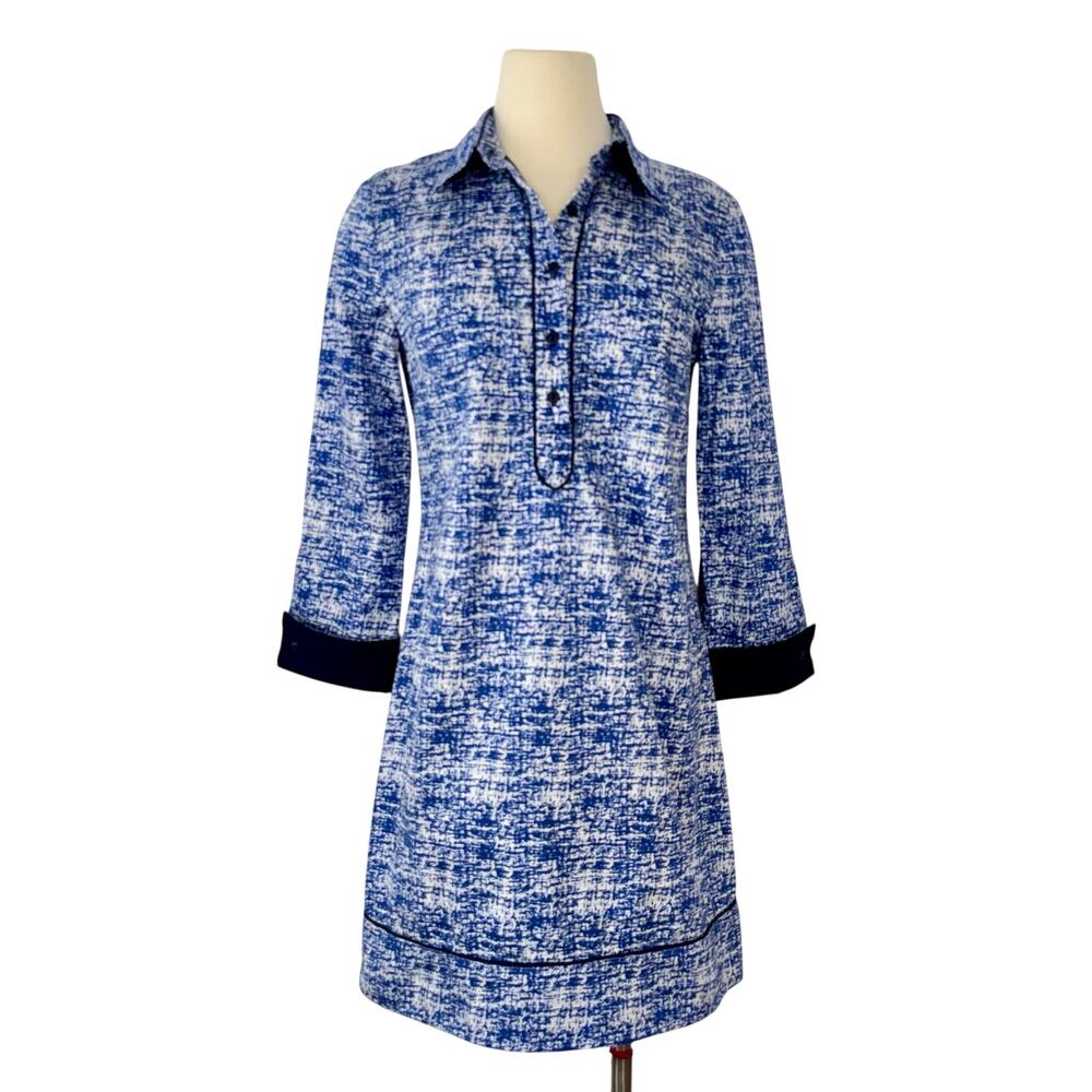 Nora Gardner Riley Shirt Dress Abstract 3/4 Sleeve Flip Cuff Blue White | 6